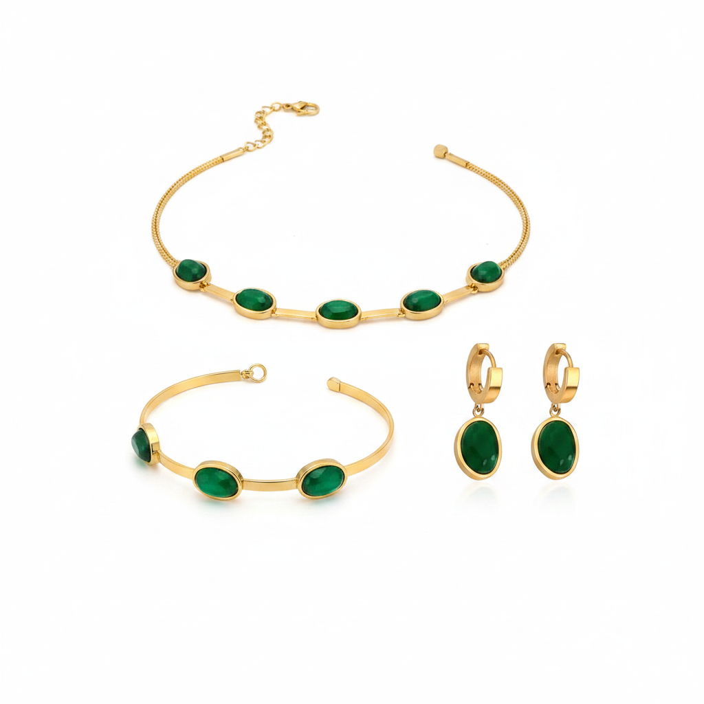Oval Green Crystal Pendant Necklace Set